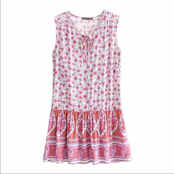 Sleeveless Tank Dress Boho Floral Gypsy Print Pink - Picture 4 of 9